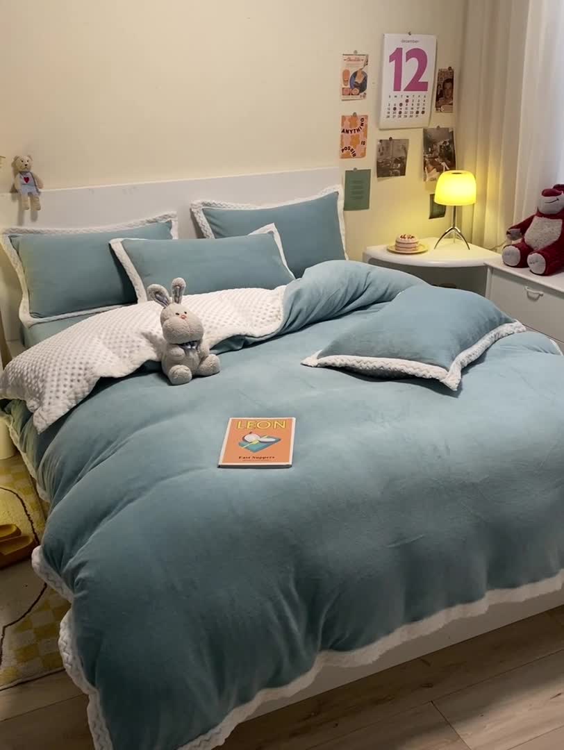 91家纺网 家纺一手货源 找家纺 澳梵 2022新款牛奶绒豆豆绒四件套 氧气-雾霾蓝