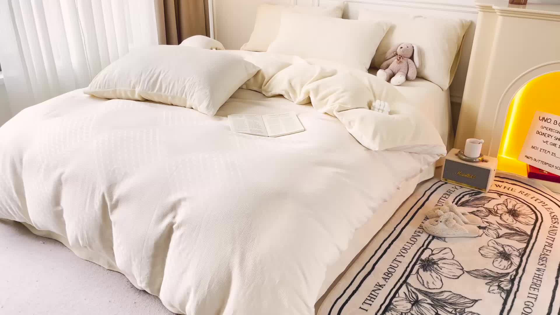 91家纺网 家纺一手货源 找家纺 金丝鸟 2022全棉华夫格提花加牛奶绒四件套 拉夫格白