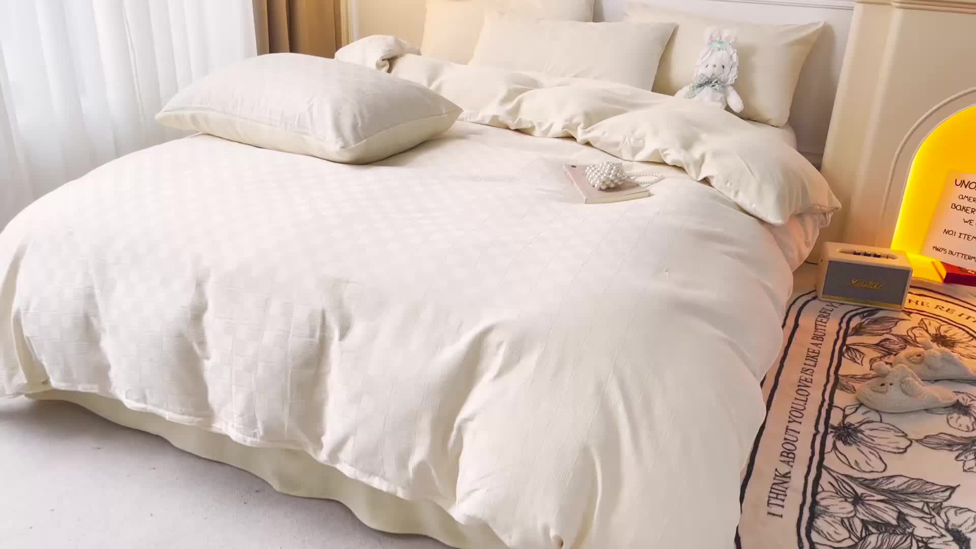 91家纺网 家纺一手货源 找家纺 金丝鸟 2022全棉华夫格提花加牛奶绒四件套 苏珊格白