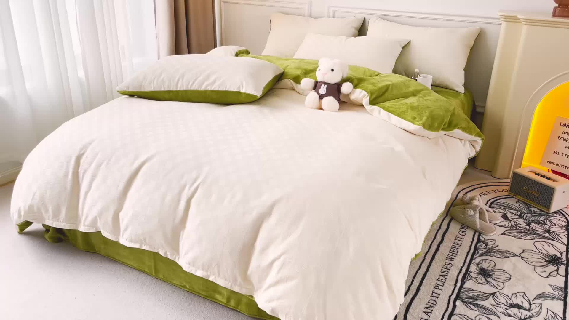 91家纺网 家纺一手货源 找家纺 金丝鸟 2022全棉华夫格提花加牛奶绒四件套 苏珊格白加绿