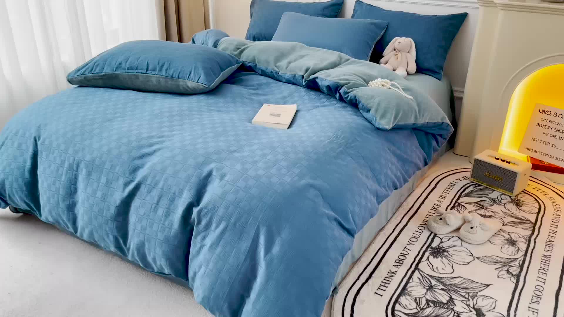 91家纺网 家纺一手货源 找家纺 金丝鸟 2022全棉华夫格提花加牛奶绒四件套 苏珊格蓝