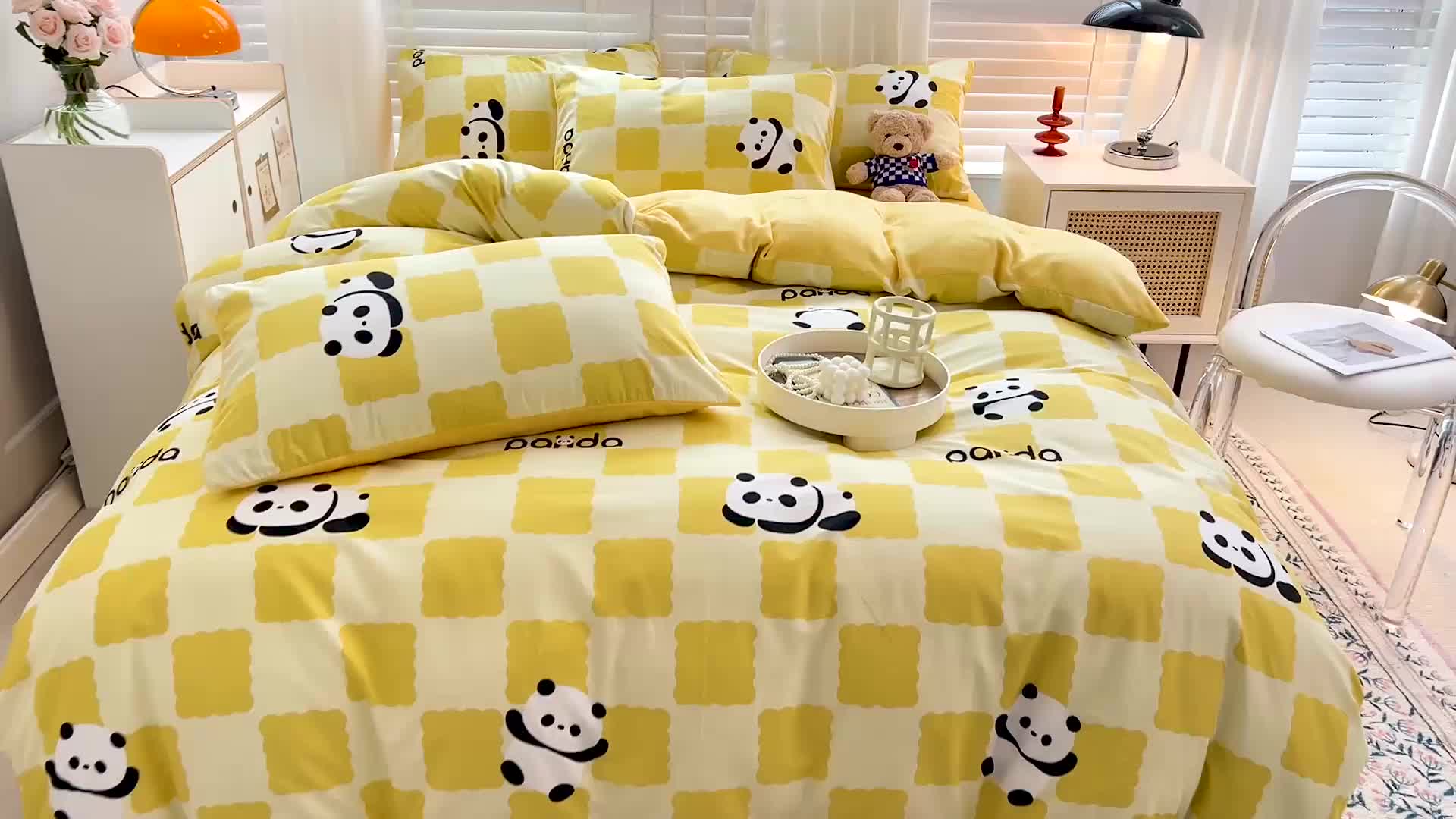 91家纺网 家纺一手货源 找家纺 金丝鸟 2022全棉印花加牛奶绒四件套 宝宝熊 黄