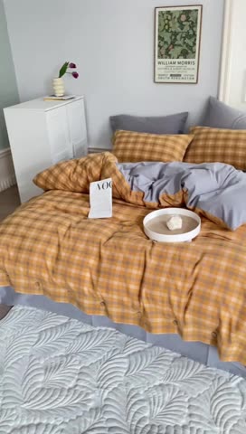 91家纺网 家纺一手货源 找家纺 榻尚 新款经典田园格子纯棉色织水洗棉四件套系列秋伊（黄格）