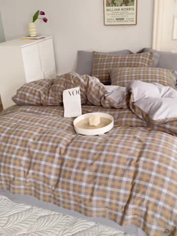 91家纺网 家纺一手货源 找家纺 榻尚 新款经典田园格子纯棉色织水洗棉四件套系列亦梵（灰格）