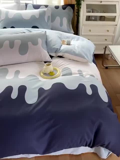 91家纺网 家纺一手货源 找家纺 金鑫汇2022新款喷气全棉水洗棉加厚四件套奶油-蓝