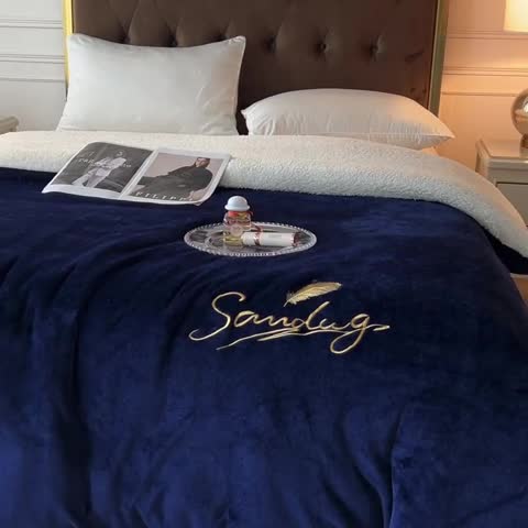 91家纺网 家纺一手货源 找家纺 骏腾家纺 2022新款牛奶绒羊羔绒被套毯系列 羽毛-宝蓝