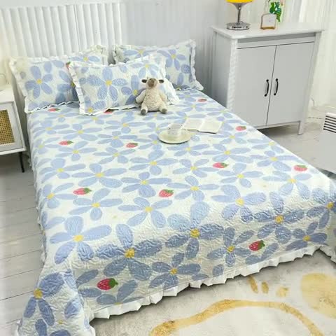 91家纺网 家纺一手货源 找家纺 绵庭 2022新款全棉花边款床盖三件套 小美好