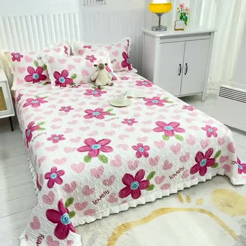 91家纺网 家纺一手货源 找家纺 绵庭 2022新款全棉花边款床盖三件套 梦入花香