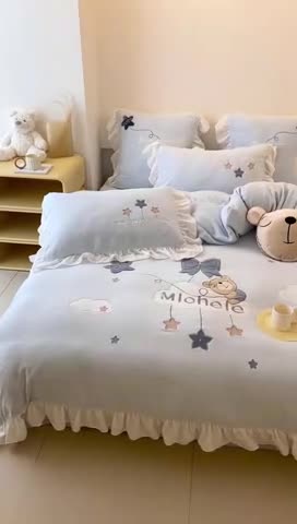 91家纺网 家纺一手货源 找家纺 昔可 2022新款高品质牛奶绒刺绣工艺款四件套 星星熊宝