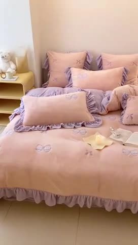 91家纺网 家纺一手货源 找家纺 昔可 2022新款高品质牛奶绒刺绣工艺款四件套 少女心结粉玉