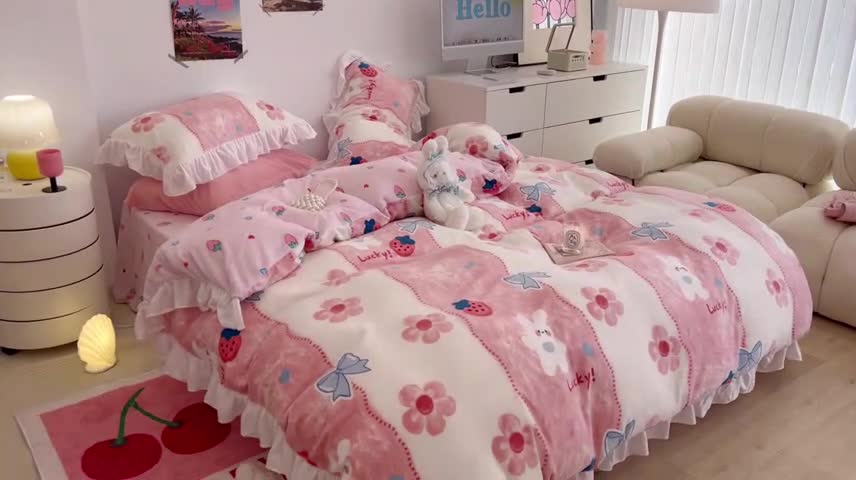 91家纺网 家纺一手货源 找家纺 昔可 2022新款花边牛奶绒四件套 油画小兔