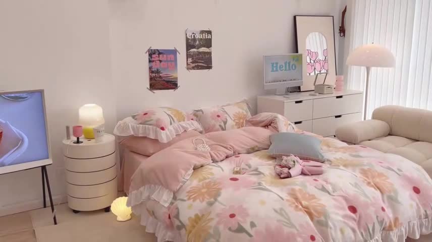 91家纺网 家纺一手货源 找家纺 昔可 2022新款花边牛奶绒四件套 油画粉花