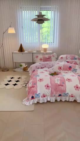 91家纺网 家纺一手货源 找家纺 昔可 2022新款花边牛奶绒四件套 油画小兔