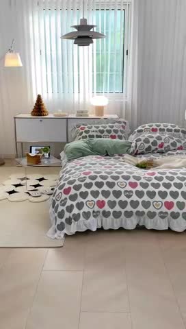 91家纺网 家纺一手货源 找家纺 昔可 2022新款花边牛奶绒四件套 爱心微笑绿