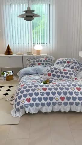 91家纺网 家纺一手货源 找家纺 昔可 2022新款花边牛奶绒四件套 爱心微笑蓝