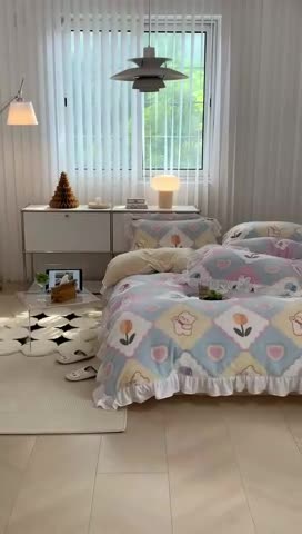 91家纺网 家纺一手货源 找家纺 昔可 2022新款花边牛奶绒四件套 爱心菱格兔