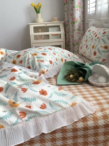 91家纺网 家纺一手货源 找家纺 怡家居 2022新款秋冬棉加牛奶绒韩式花边款四件套 初心