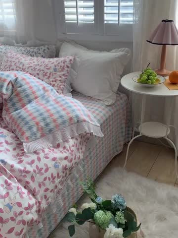91家纺网 家纺一手货源 找家纺 怡家居 2022新款秋冬棉加牛奶绒韩式花边款四件套 菲菲兔-粉