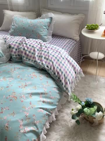 91家纺网 家纺一手货源 找家纺 怡家居 2022新款秋冬棉加牛奶绒韩式花边款四件套 绿禾