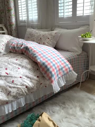 91家纺网 家纺一手货源 找家纺 怡家居 2022新款秋冬棉加牛奶绒韩式花边款四件套 千代子