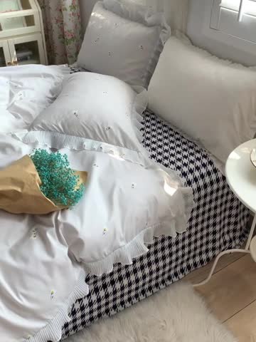 91家纺网 家纺一手货源 找家纺 怡家居 2022新款秋冬棉加牛奶绒韩式花边款四件套 千羽