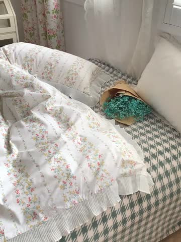 91家纺网 家纺一手货源 找家纺 怡家居 2022新款秋冬棉加牛奶绒韩式花边款四件套 青吟