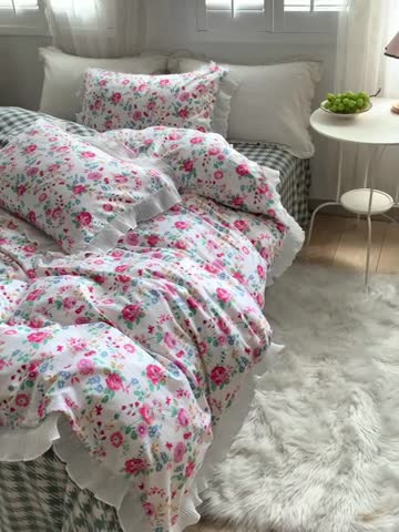 91家纺网 家纺一手货源 找家纺 怡家居 2022新款秋冬棉加牛奶绒韩式花边款四件套 夕颜