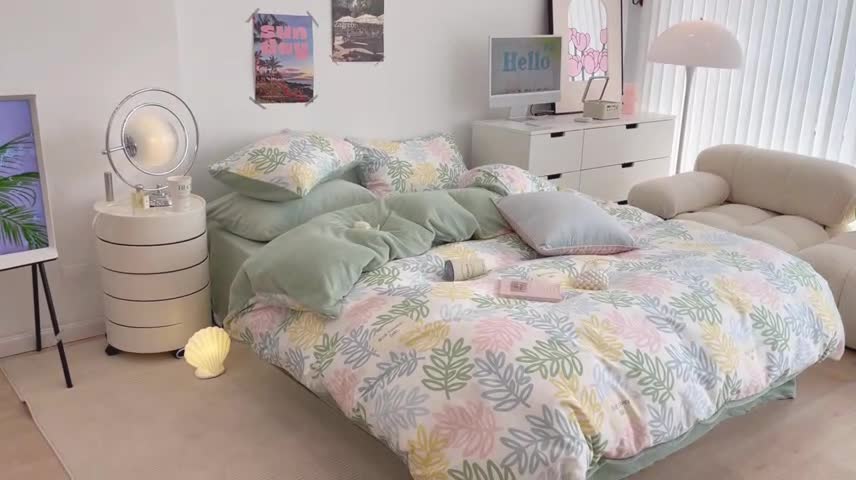 91家纺网 家纺一手货源 找家纺 昔可 2022新款梦幻公主风系列棉加绒印花四件套热带叶子