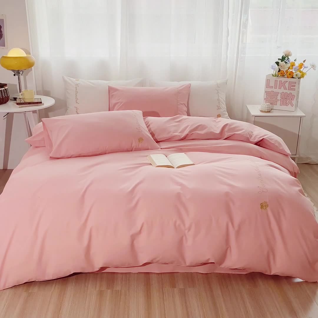 91家纺网 家纺一手货源 找家纺 简宜家居 2025新款山茶花纯棉全棉水洗棉四件套 山茶花-粉