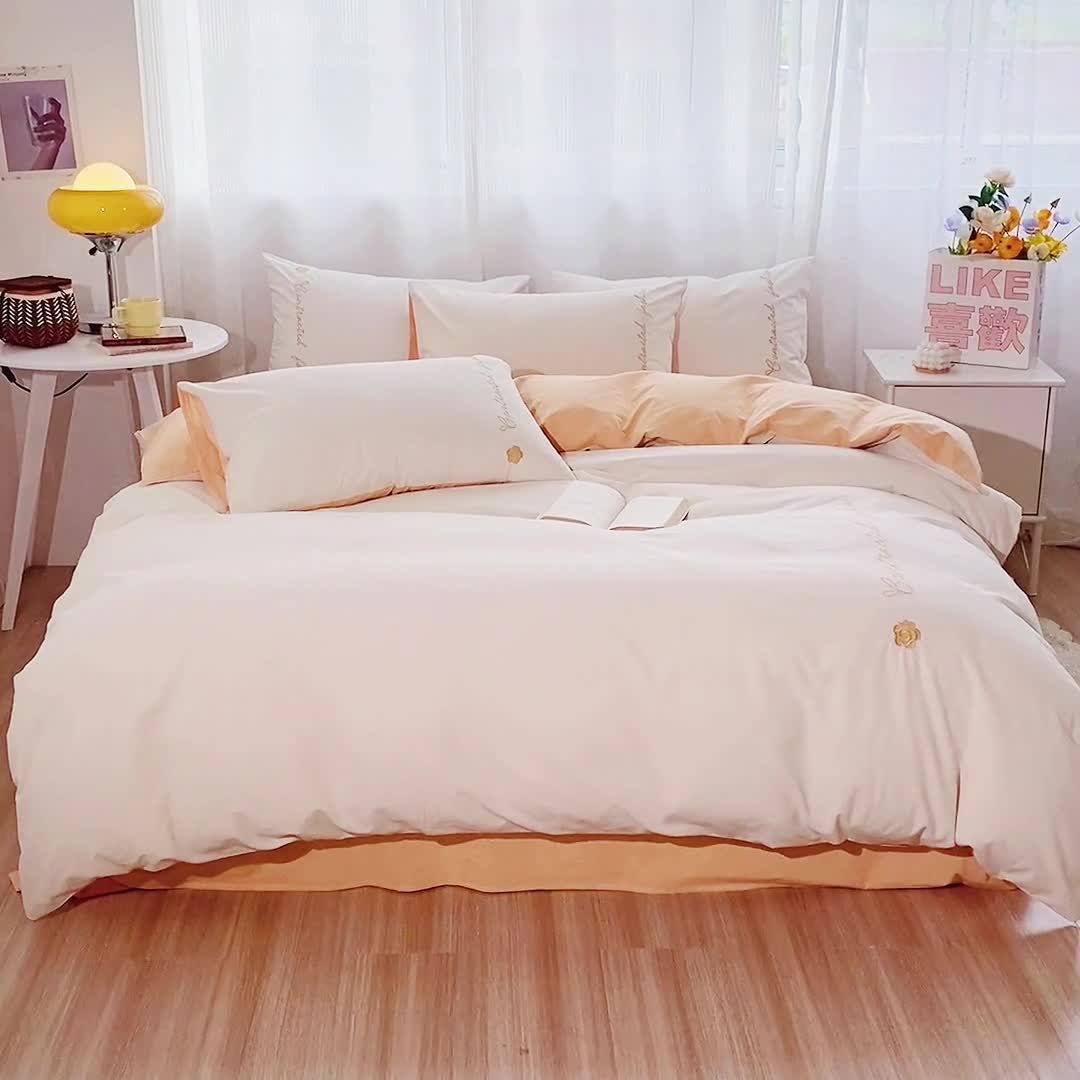 91家纺网 家纺一手货源 找家纺 简宜家居 2025新款山茶花纯棉全棉水洗棉四件套 山茶花-米杏