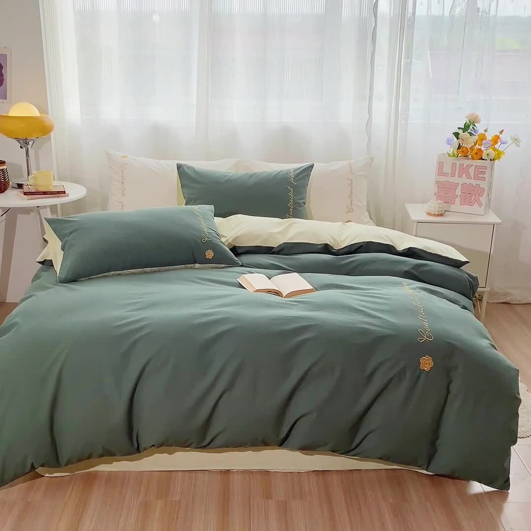 91家纺网 家纺一手货源 找家纺 简宜家居 2025新款山茶花纯棉全棉水洗棉四件套 山茶花-水绿