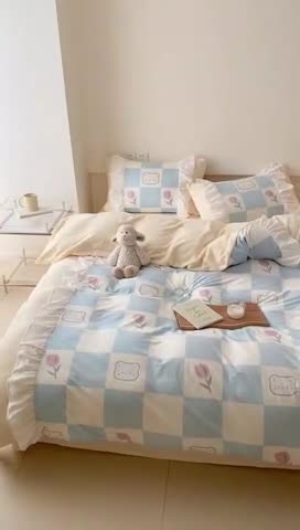 91家纺网 家纺一手货源 找家纺 昔可 2022新款数码印花花边款牛奶绒四件套 棋盘萌物