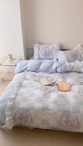 91家纺网 家纺一手货源 找家纺 昔可 2022新款数码印花花边款牛奶绒四件套 蓝棋盘郁金
