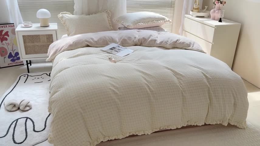 91家纺网 家纺一手货源 找家纺 时年家纺 2022新款240g亲肤牛奶绒小美好花边款四件套 小美好-芝士黄