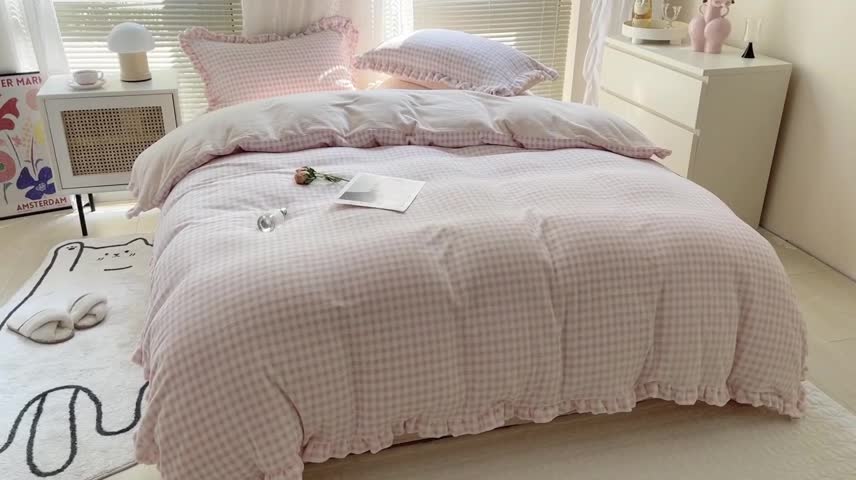 91家纺网 家纺一手货源 找家纺 时年家纺 2022新款240g亲肤牛奶绒小美好花边款四件套 小美好-少女粉