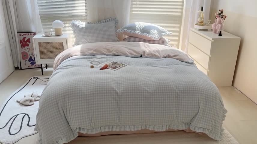 91家纺网 家纺一手货源 找家纺 时年家纺 2022新款240g亲肤牛奶绒小美好花边款四件套 小美好-奶油蓝