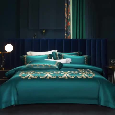 91家纺网 家纺一手货源 找家纺 缔缦 2022新款100s刺绣四件套米兰印象 墨绿