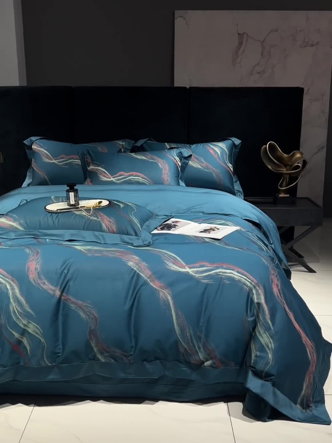 91家纺网 家纺一手货源 找家纺 宅家居140支色织提花高定长绒棉四件套-奢华系列奥维斯-宝蓝