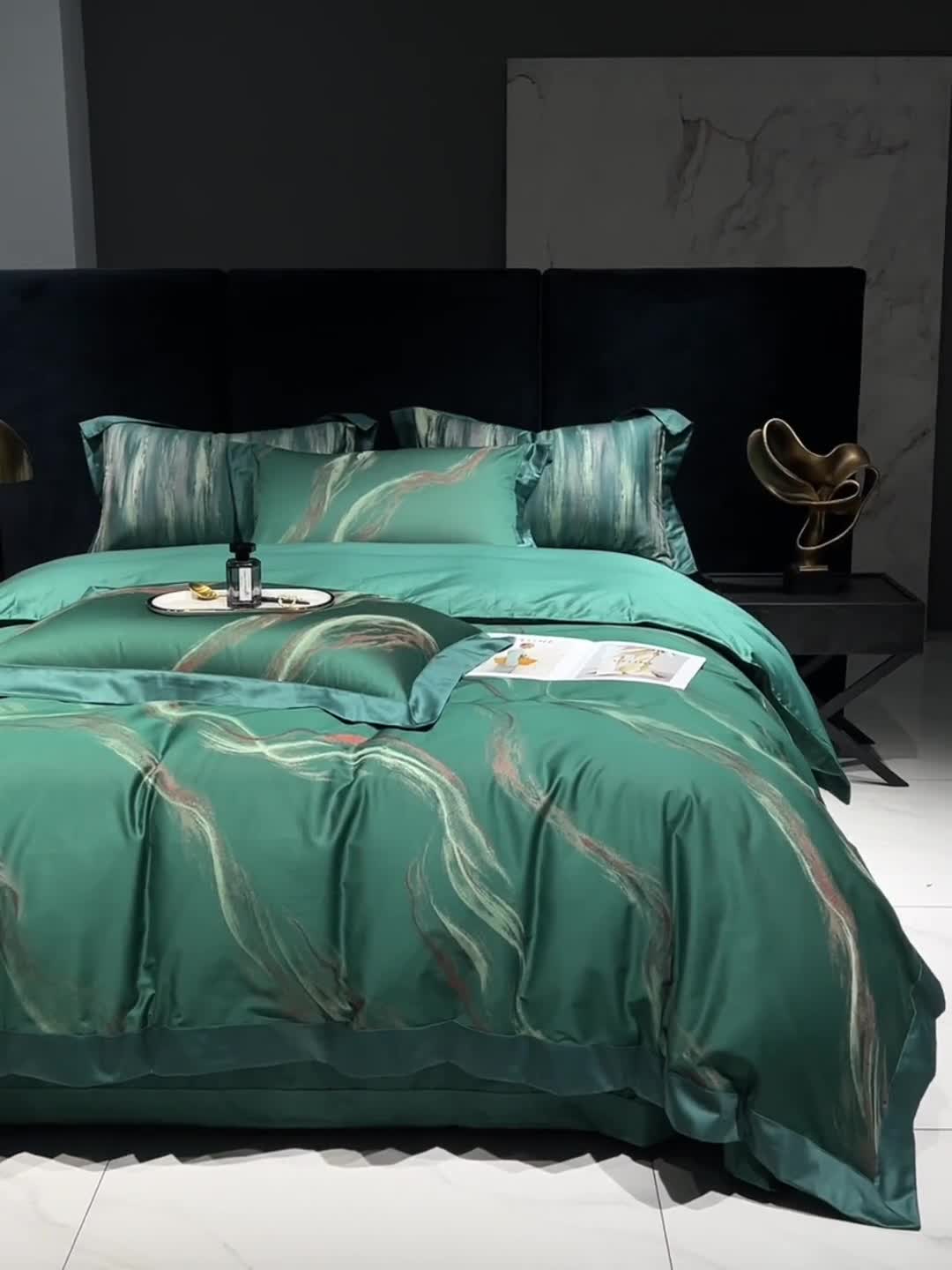 91家纺网 家纺一手货源 找家纺 奢华140支臻丝色织提花高定阿克苏长绒棉四件套奥维斯-墨绿