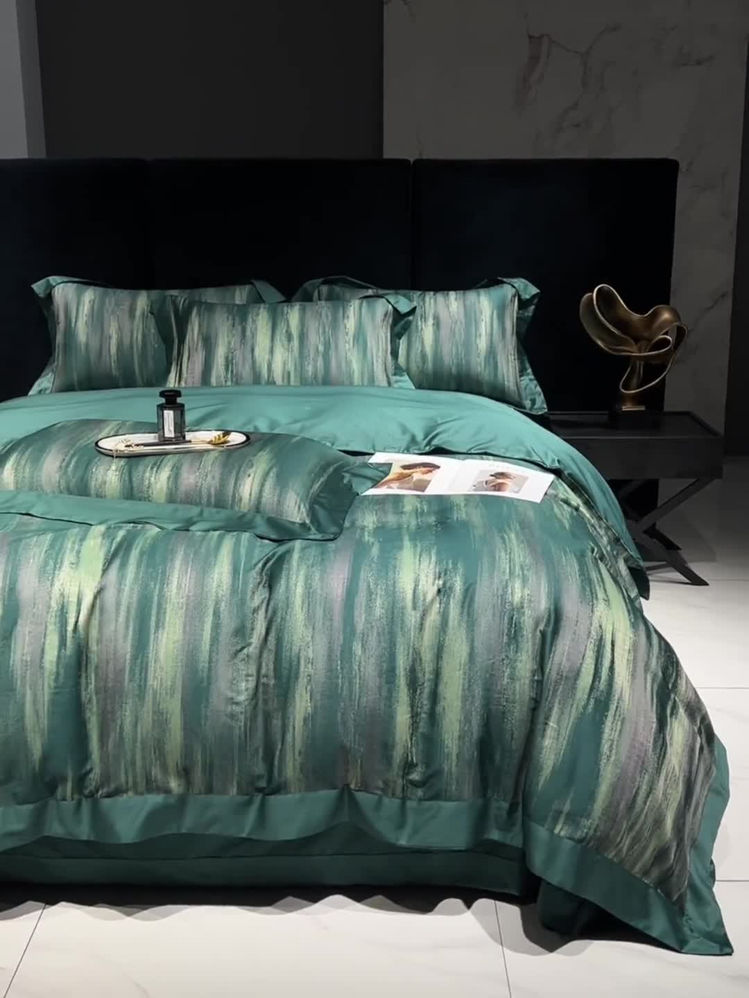 91家纺网 家纺一手货源 找家纺 宅家居140支色织提花高定长绒棉四件套-奢华系列 极光-墨绿