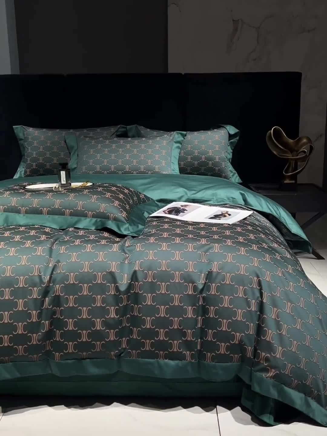 91家纺网 家纺一手货源 找家纺 宅家居140支色织提花高定长绒棉四件套-奢华系列 赛琳-墨绿