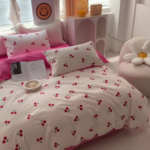 91家纺网 家纺一手货源 找家纺 怡家居 2022秋冬A版棉B版水晶绒四件套 樱桃多多