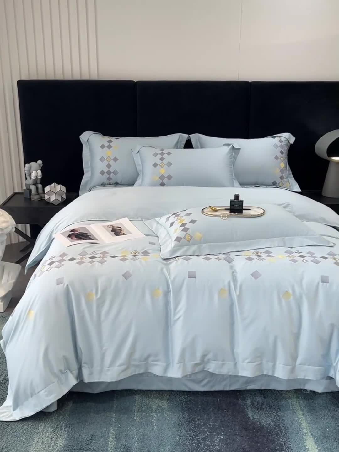 91家纺网 家纺一手货源 找家纺 宅家居 180支阿克苏长绒棉刺绣全棉四件套-芙尼系列 纯净蓝