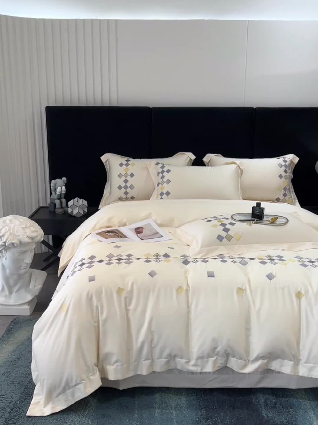 91家纺网 家纺一手货源 找家纺 宅家居 180支阿克苏长绒棉刺绣全棉四件套-芙尼系列 奶昔白