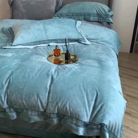 91家纺网 家纺一手货源 找家纺 榻尚 新款新款婴儿绒牛奶绒纯色镂空高端绒四件套 浅湖绿