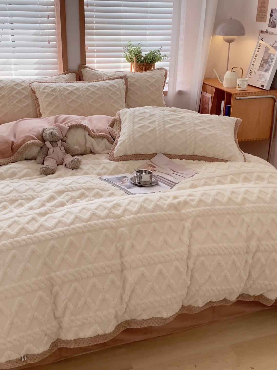 91家纺网 家纺一手货源 找家纺 蜜柚2024新款四叶草系列提花塔芙绒四件套 菱形格-奶白