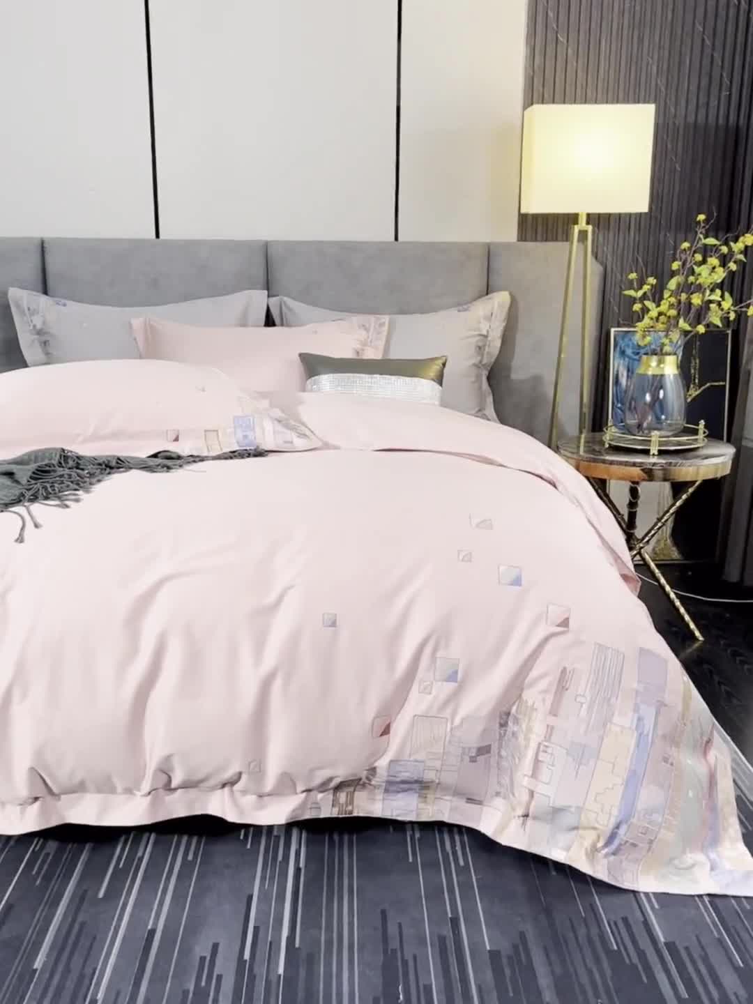 91家纺网 家纺一手货源 找家纺 宅家居24新款180支阿克苏长绒棉刺绣全棉四件套-慕森初夏粉