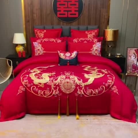 91家纺网 家纺一手货源 找家纺 用心 2022新款精梳棉高端刺绣婚庆四件套 幸福驾到