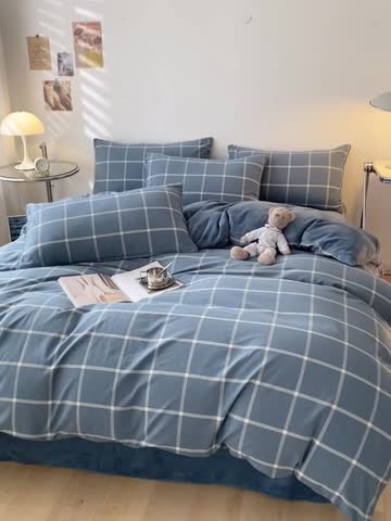 91家纺网 家纺一手货源 找家纺 蓝巢家纺 2022新款A面全棉B面牛奶绒四件套 牛奶绒-蓝灰大格