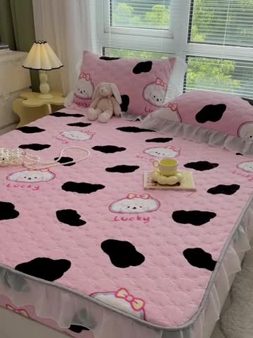 91家纺网 家纺一手货源 找家纺 安哆啦 2022新款绗缝加厚磨毛夹棉花边牛奶绒床笠 豹纹小萌狗